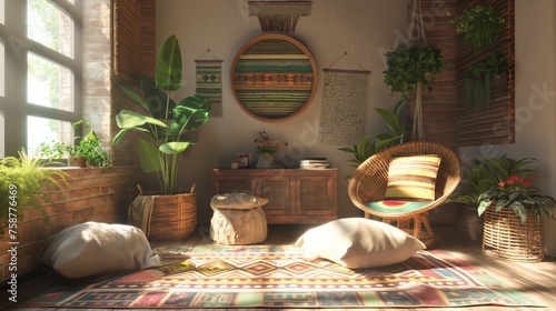 Serenely Bohemian, Tranquil Room adorned with Wicker Chairs, Plush Pillows, Lush Green Plants in Flower Pots, Cozy Bed, and Carpet on Wooden Floor