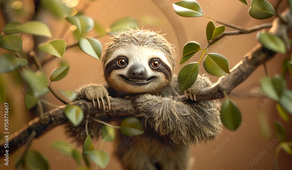 Naklejka premium Cartoon, happy sloth hanging from a branch with leaves on a brown background