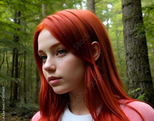 A girl with red hair walks through the forest