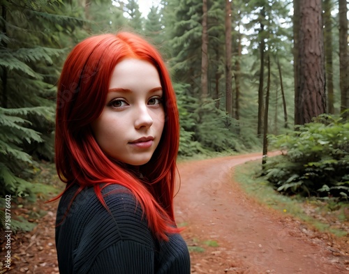 A girl with red hair walks through the forest
