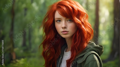 A girl with red hair walks through the forest