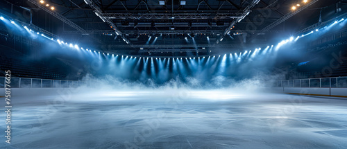 Blue Ice Rink Background. Professional Arena illuminated neon lights  spotlights with smoke. Copyspace. Winter poster for hockey competitions. Ice skating. Stadium. Generative ai