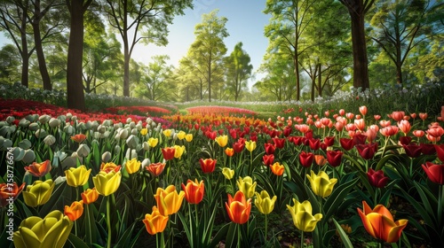 A vibrant field filled with colorful flowers stretching as far as the eye can see, with tall trees standing in the background under a clear blue sky.
