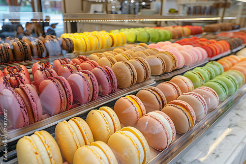 colorful macarons tiered and spruced up in a patisserie showcase on top photo