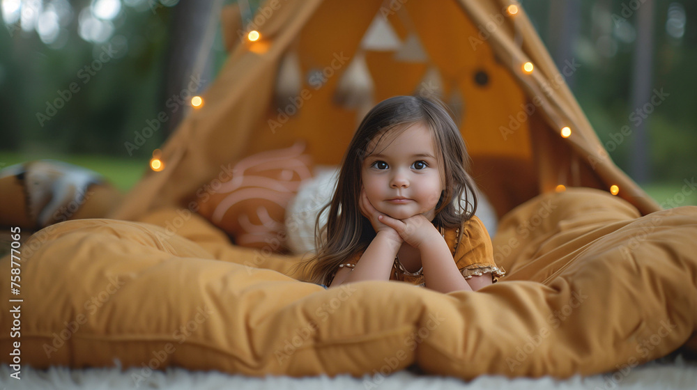 Adorable child lying on a pillow in a cozy tent with fairy lights, enjoying a playful camping experience indoors. Adorable child lying on a pillow in a cozy tent with fairy lights, enjoying a playful camping experience indoors.