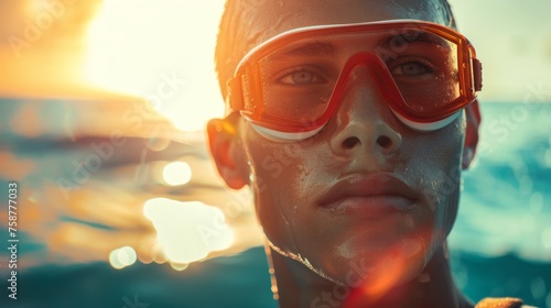 A man is depicted wearing both regular goggles and swimming goggles in a realistic stock photo. He appears prepared for outdoor activities. photo