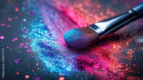 Makeup brushes and colorful glitter on black background. Cosmetic concept.