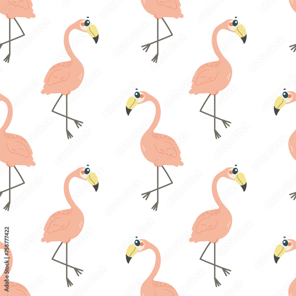 Obraz premium Seamless pattern with pink flamingo bird, on white background, a childish pattern