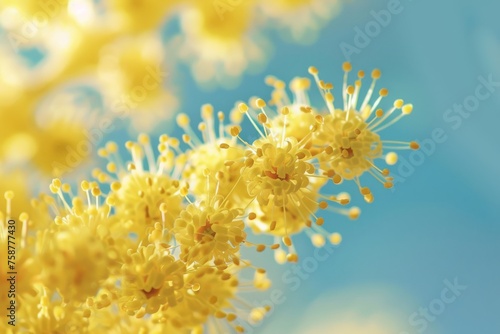 A cluster of bright yellow flowers stands out against a backdrop of clear blue sky. The flowers are in full bloom  adding a burst of color to the sunny day.