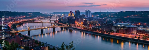 A serene river flowing through a bustling city, with historic and modern bridges connecting its banks, at twilight