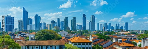 An old town with traditional architecture in the foreground, contrasting with the modern skyscrapers in the background