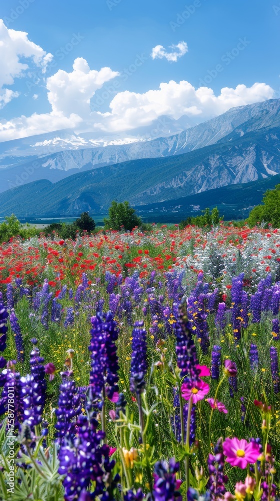 In the foreground, a colorful field of wildflowers blooms under the sunny sky. In the background, towering mountains create a striking backdrop.