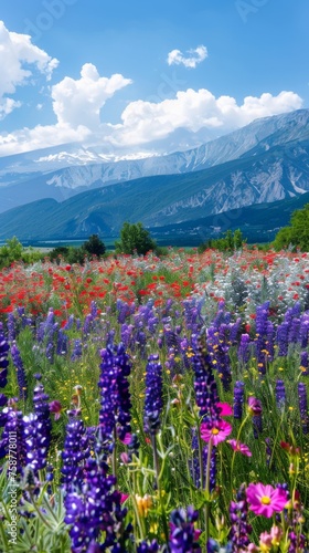In the foreground, a colorful field of wildflowers blooms under the sunny sky. In the background, towering mountains create a striking backdrop.