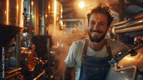 Craft beer artisanal brewing process with cheerful brewery worker