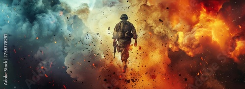 A soldier walks through a cloud of fire  surrounded by intense flames. The burning environment creates a dangerous and chaotic scene as the soldier navigates through the heat and smoke.