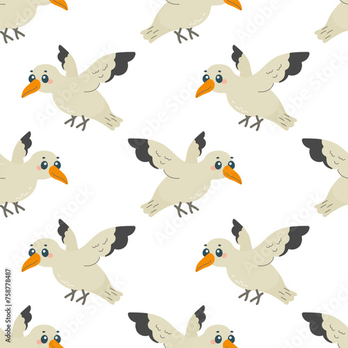 Seamless pattern with seagull bird  on white background  children s pattern  for fabric  wrapping paper  wallpaper