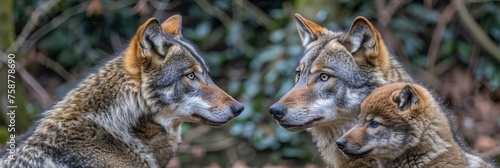 Majestic male wolf and adorable cub pose together, space on the left for text, object on the right