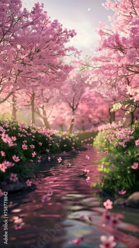 A painting depicting a scenic river flowing through a lush landscape filled with vibrant pink flowers. The river is the focal point, while the pink flowers add a pop of color to the serene scene.