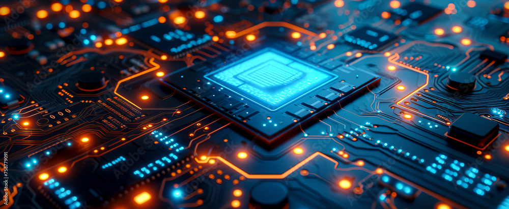 Iconic Illumination: Sharp and Angular Circuit Board with Blue Lights Iconic Illumination: Sharp and Angular Circuit Board with Blue Lights