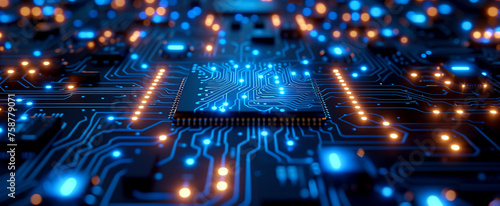 Iconic and Angular: Stunning Circuit Board with Blue Lights Captured in Sharp Detail photo