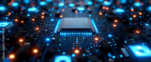 Iconic and Angular: Stunning Circuit Board with Blue Lights Captured in Sharp Detail photo