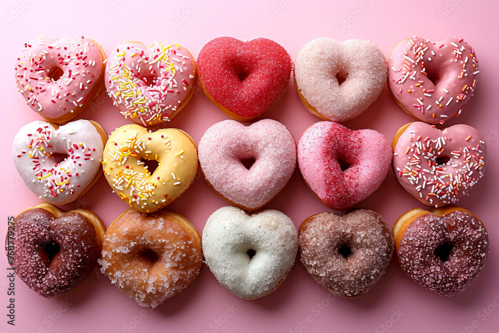 Sweet Love in a Row: Valentine's Day Heart-Shaped Doughnuts Overhead Shot