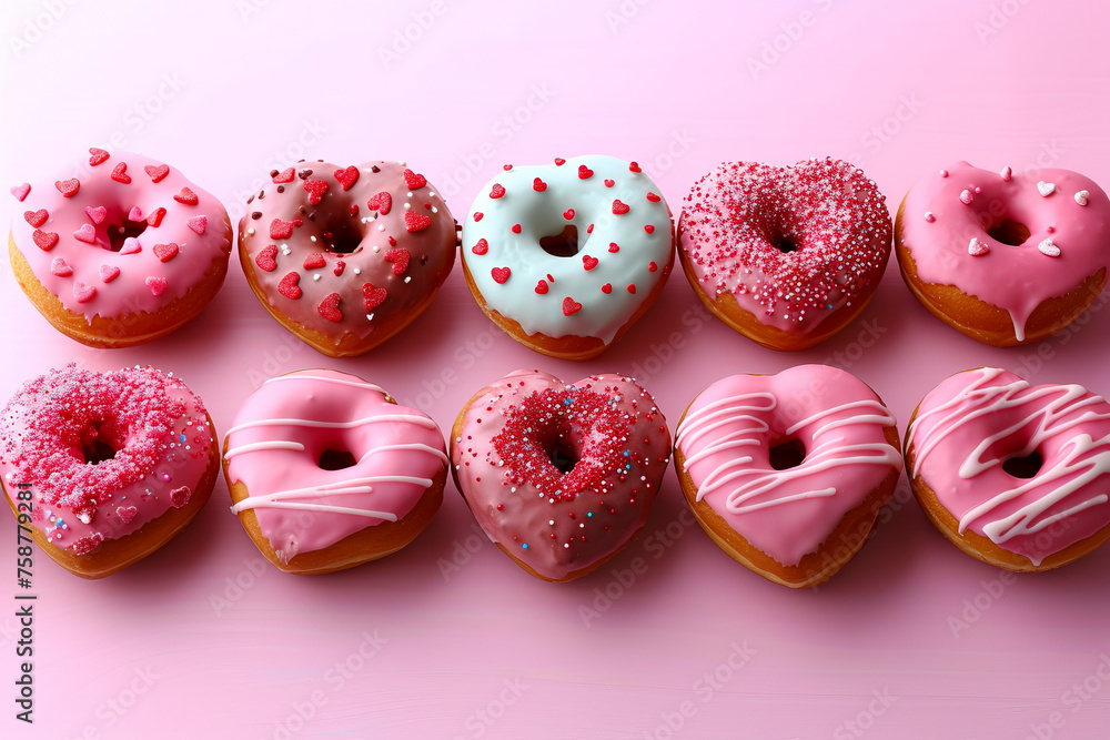 Love is in the Air: Stunning Overhead Shot of Valentine's Day Heart-Shaped Doughnuts in a Row