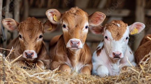Young calves lying in straw at the dairy farm, looking at the camera with a sense of curiosity and joy