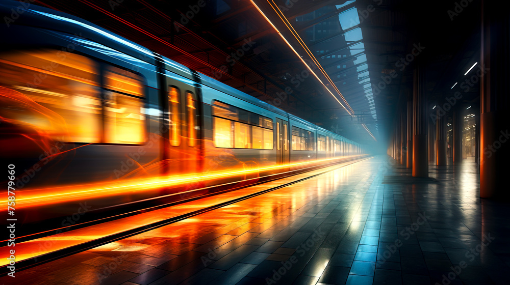 Fototapeta premium Dynamic Train Station: Capturing the Speed and Light Show of Passing Trains
