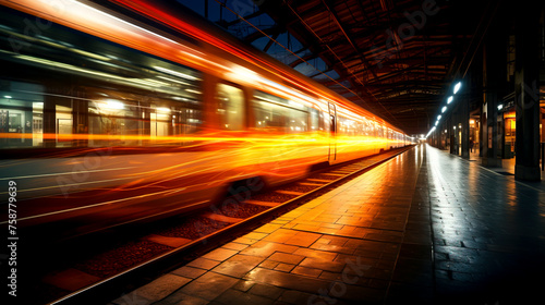 Dynamic Train Station: Speed Blur and Shining Lights in Motion