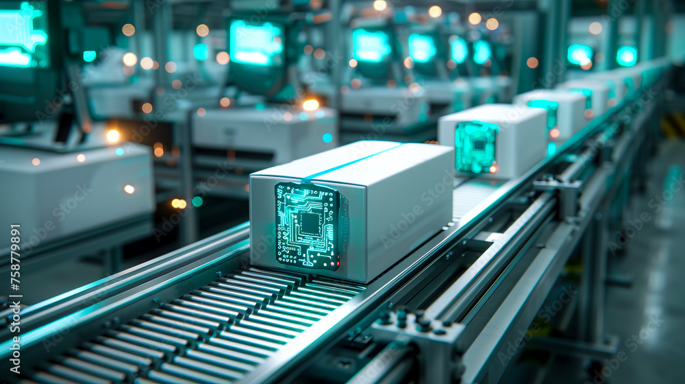Tech-inspired Graphic Design Elements on Conveyor Belt: White Boxes with Blue-Green Circuit Board Schematic