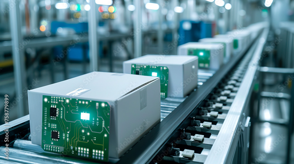 Tech-inspired Graphic Design: White Boxes with Circuit Board Pattern on Conveyor Belt Tech-inspired Graphic Design: White Boxes with Circuit Board Pattern on Conveyor Belt