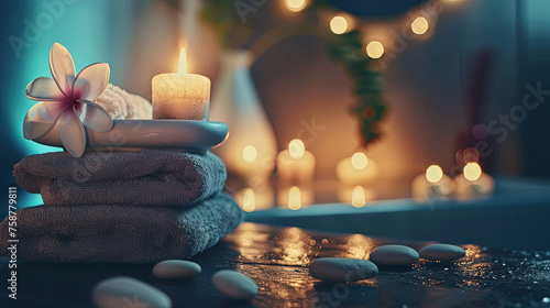 A stack of neatly folded towels with a candle placed on top, creating a warm and inviting atmosphere