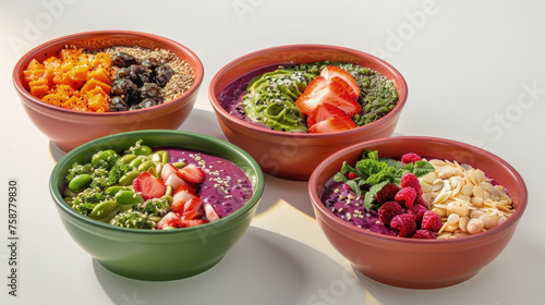 A group of four bowls containing a variety of food items, showcasing diversity in cuisines and flavors