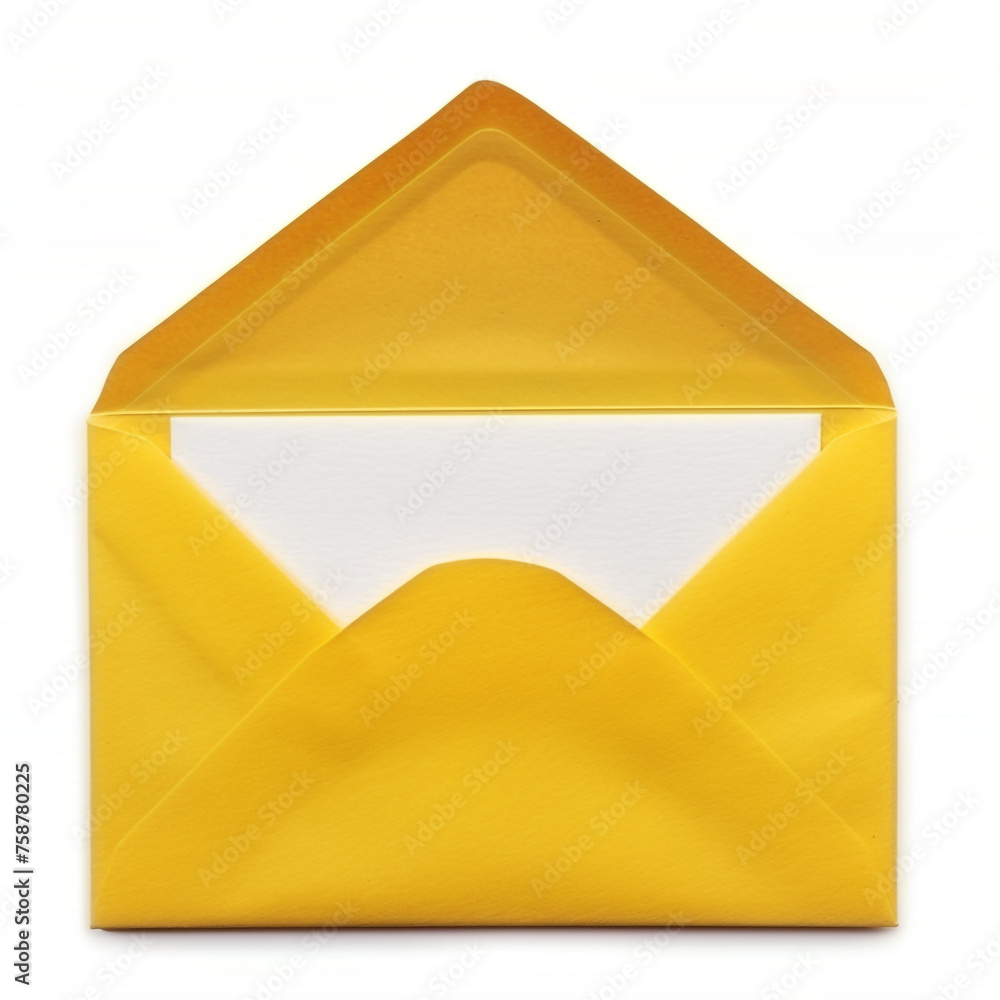 Open yellow envelope with paper card inside, isolated on white сreated with Generative Ai Open yellow envelope with paper card inside, isolated on white сreated with Generative Ai