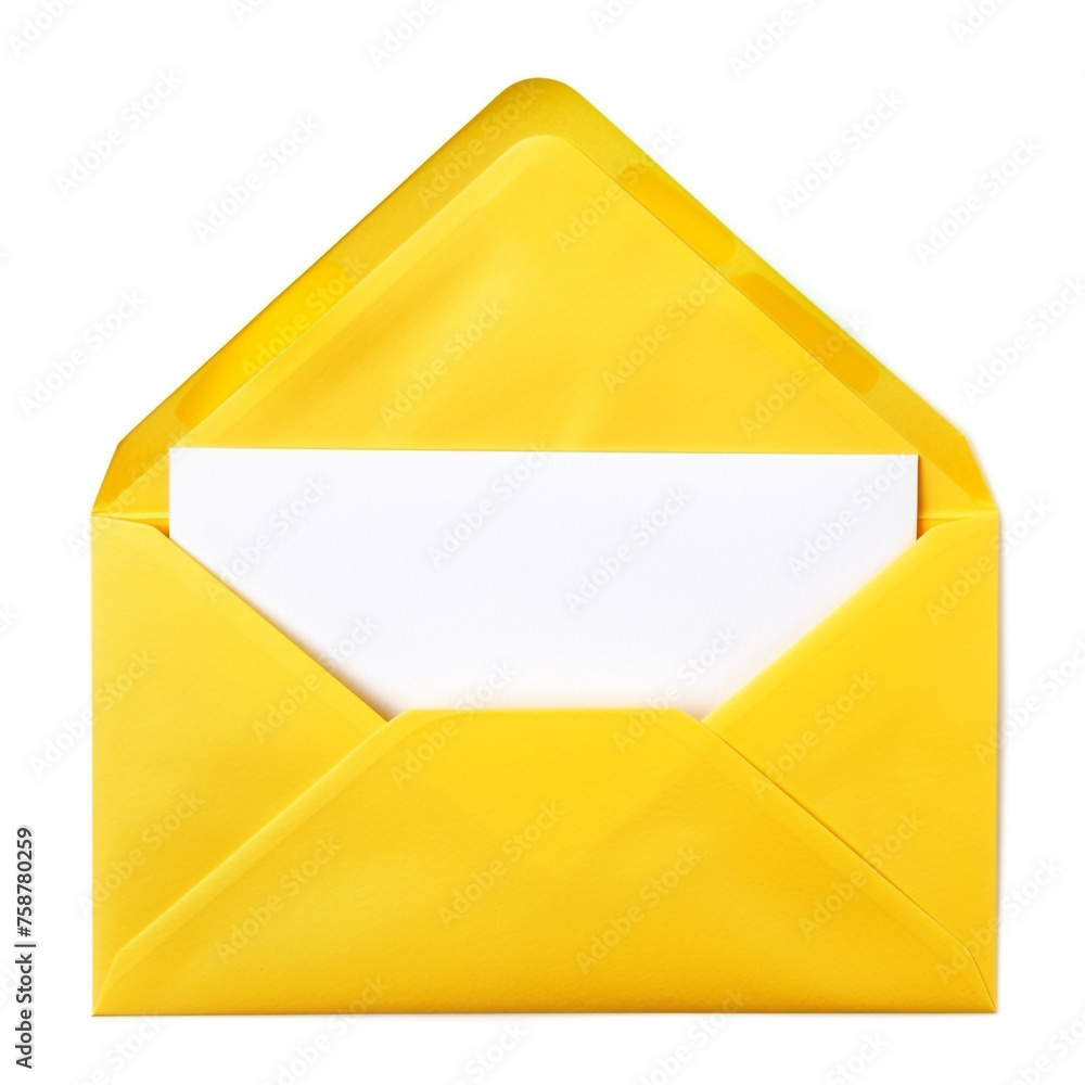 Open yellow envelope with paper card inside, isolated on white сreated with Generative Ai Open yellow envelope with paper card inside, isolated on white сreated with Generative Ai