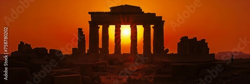 An ancient temple silhouetted against the fiery backdrop of the setting sun, its ruins casting long shadows