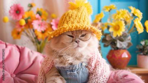 A cat with a knitted hat and glasses resting
