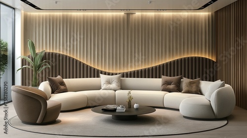 Picture frame neck-up design. Curved sofas and minimal modern style home interior