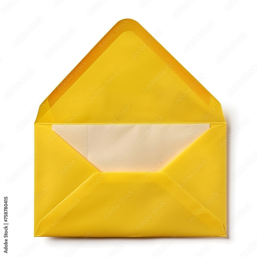 Open yellow envelope with paper card inside, isolated on white сreated with Generative Ai Open yellow envelope with paper card inside, isolated on white сreated with Generative Ai