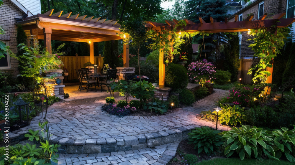 Fototapeta premium A patio featuring a stone walkway leading to a pergola-covered seating area, surrounded by green plants and flowers
