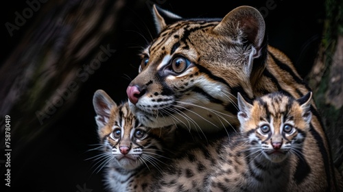 Male margay and kitten portrait with empty space for text and object on right side