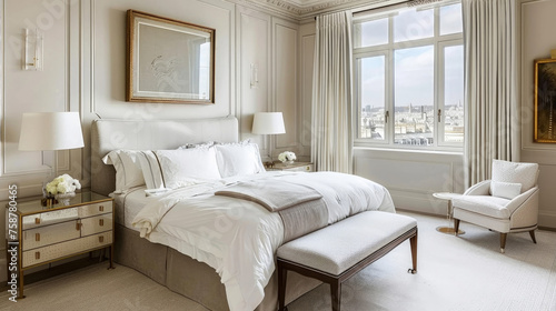 A bedroom featuring a white bed and a white chair against a neutral backdrop