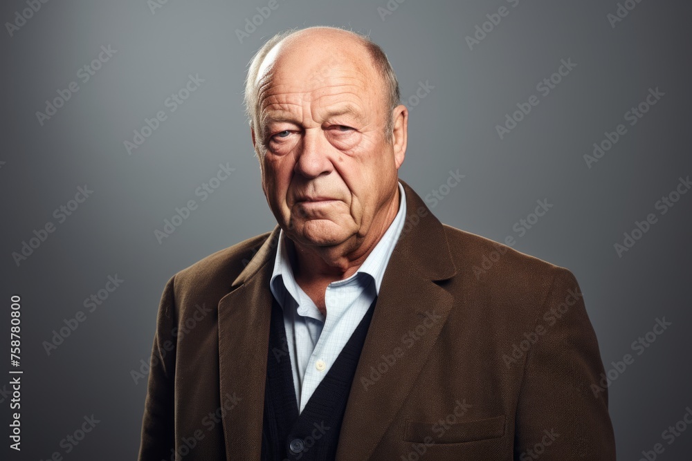 Elderly man in a brown jacket on a gray background. Elderly man in a brown jacket on a gray background.