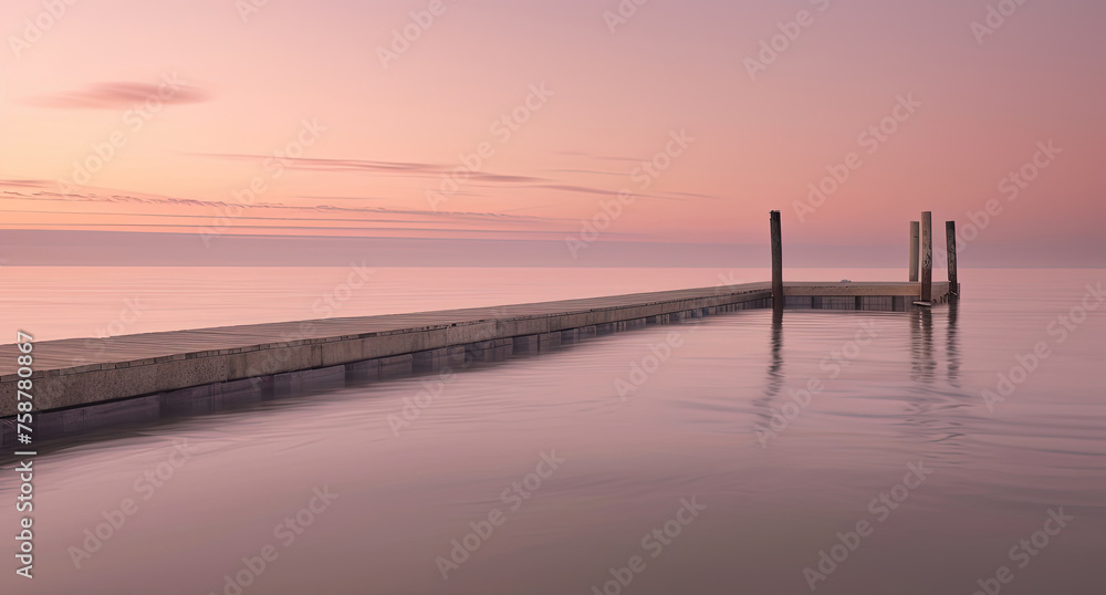 Obraz premium A lengthy wooden dock stretching out across a body of water, creating a pathway over the tranquil surface