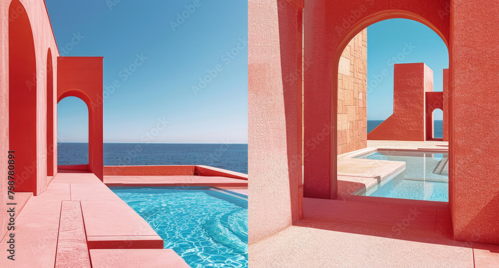 A tranquil pool at a seaside resort surrounded by striking pink walls under a clear blue sky