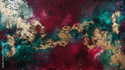 Liquid gold and deep emerald paint burst on a wine red canvas