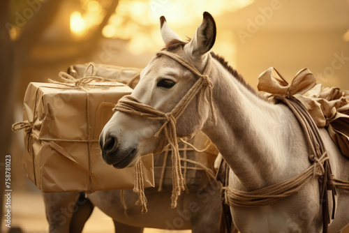 A white horse stands with a brown bow tied to its bridle, adding a touch of elegance to its appearance