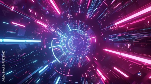 3d render, abstract futuristic background with neon lights and holographic elements in space tunnel. Digital wallpaper for design, cover, banner, poster or presentation