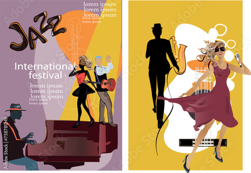 Photography Design with abstract musical posters decorated with summer and spring  flowers, leaves, notes, birds